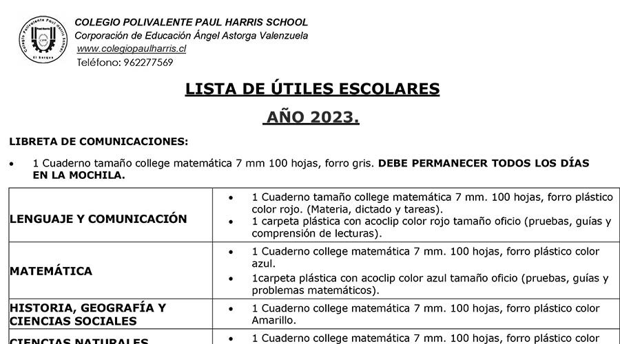 Lista de útiles escolares y uniforme 2023 - Colegio Mayor Peñalolén